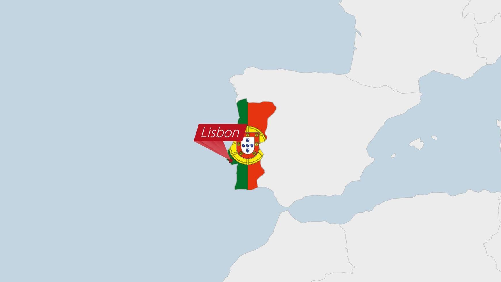 Portugal mapa em destaque dentro Portugal bandeira cores e PIN do país capital Lisboa. vetor