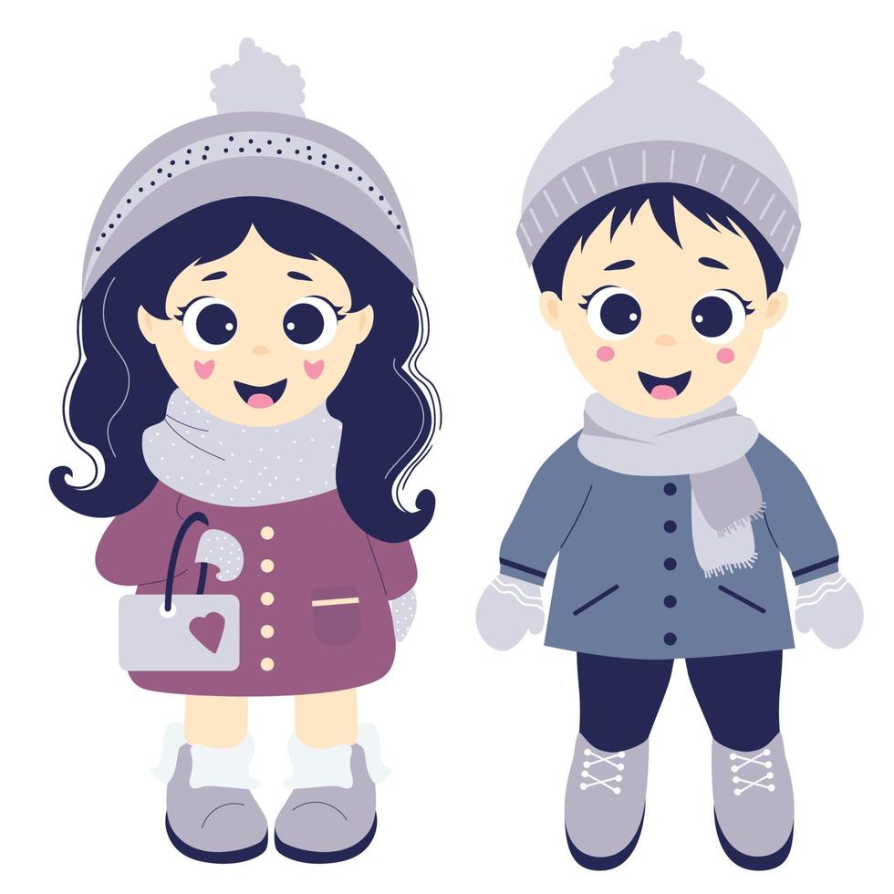 crianças no inverno. menino e menina com roupas de inverno, chapéu, lenço, casaco, luvas e botas. vetor