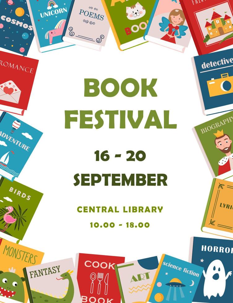 livro festival poster para anúncio. vertical poster para livro justo com diferente livros. publicidade modelo para livraria, livraria, biblioteca. vetor