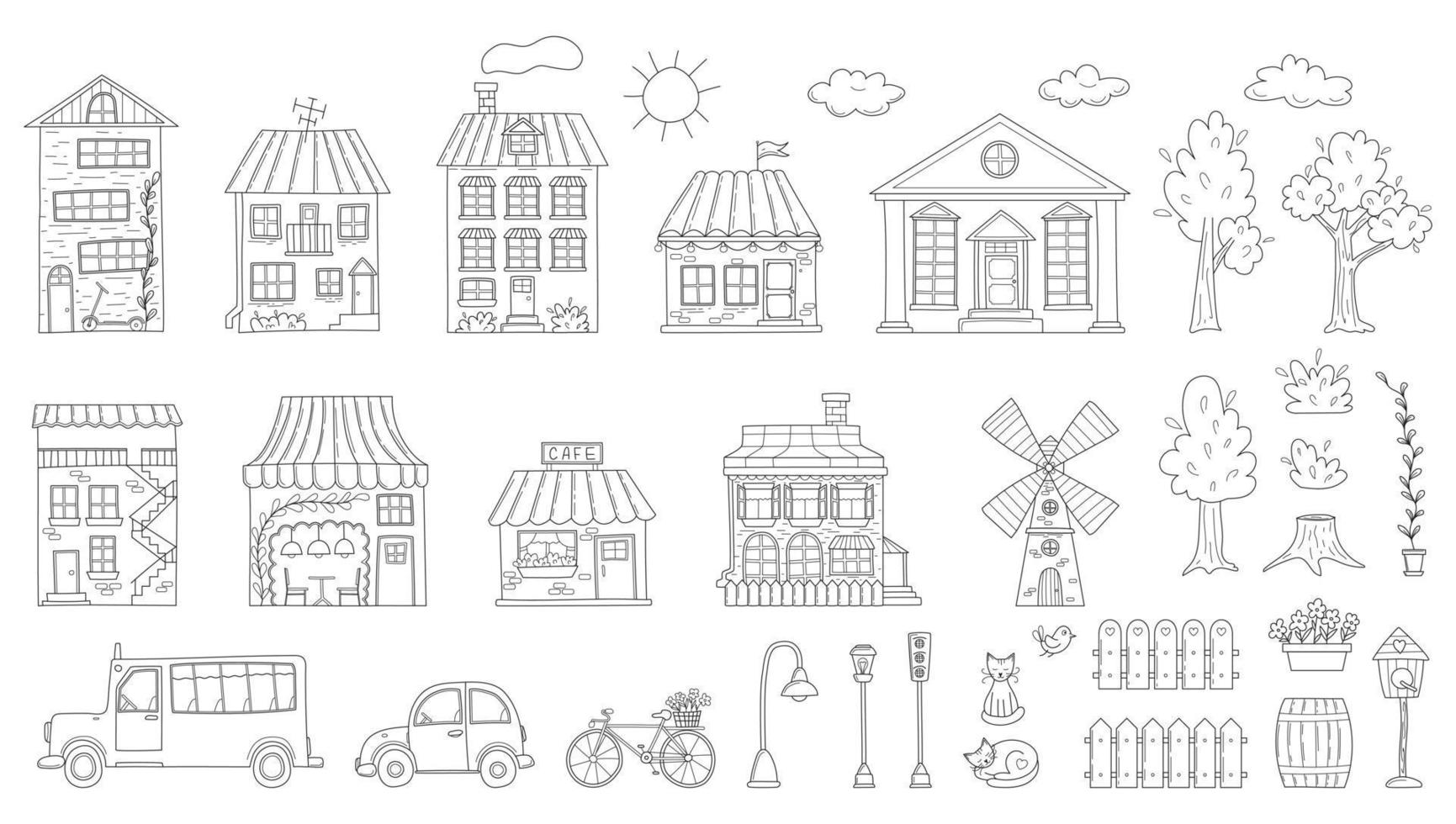 uma conjunto do esboço casas, edifícios, cafeteria, moinho, árvores, veículos dentro esboço rabisco estilo. vetor