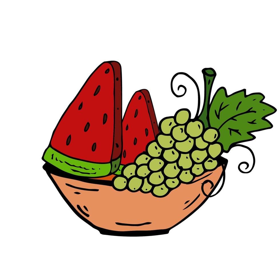 melancia, uvas em prato isolado rabisco vetor ilustração. conceito do verão, frutas saudável.