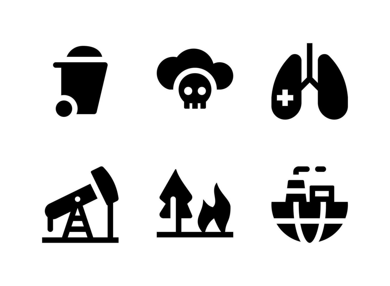 conjunto simples de ícones sólidos de vetor relacionados à poluição. contém ícones como lixo, plataforma de petróleo, incêndio florestal, poluição mundial e muito mais.