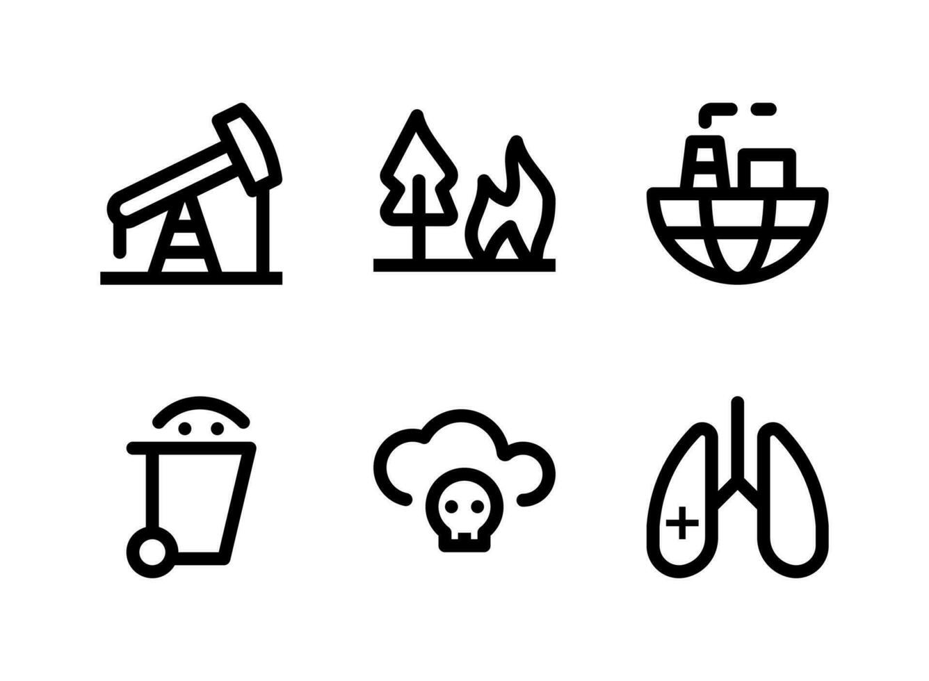 conjunto simples de ícones de linha do vetor relacionados à poluição. contém ícones como plataforma de petróleo, incêndio florestal, poluição mundial, lixo e muito mais.