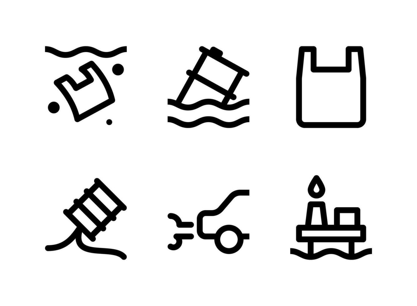 conjunto simples de ícones de linha do vetor relacionados à poluição. contém ícones como poluição de plástico, barril flutuante, vazamento de óleo, carro e muito mais.