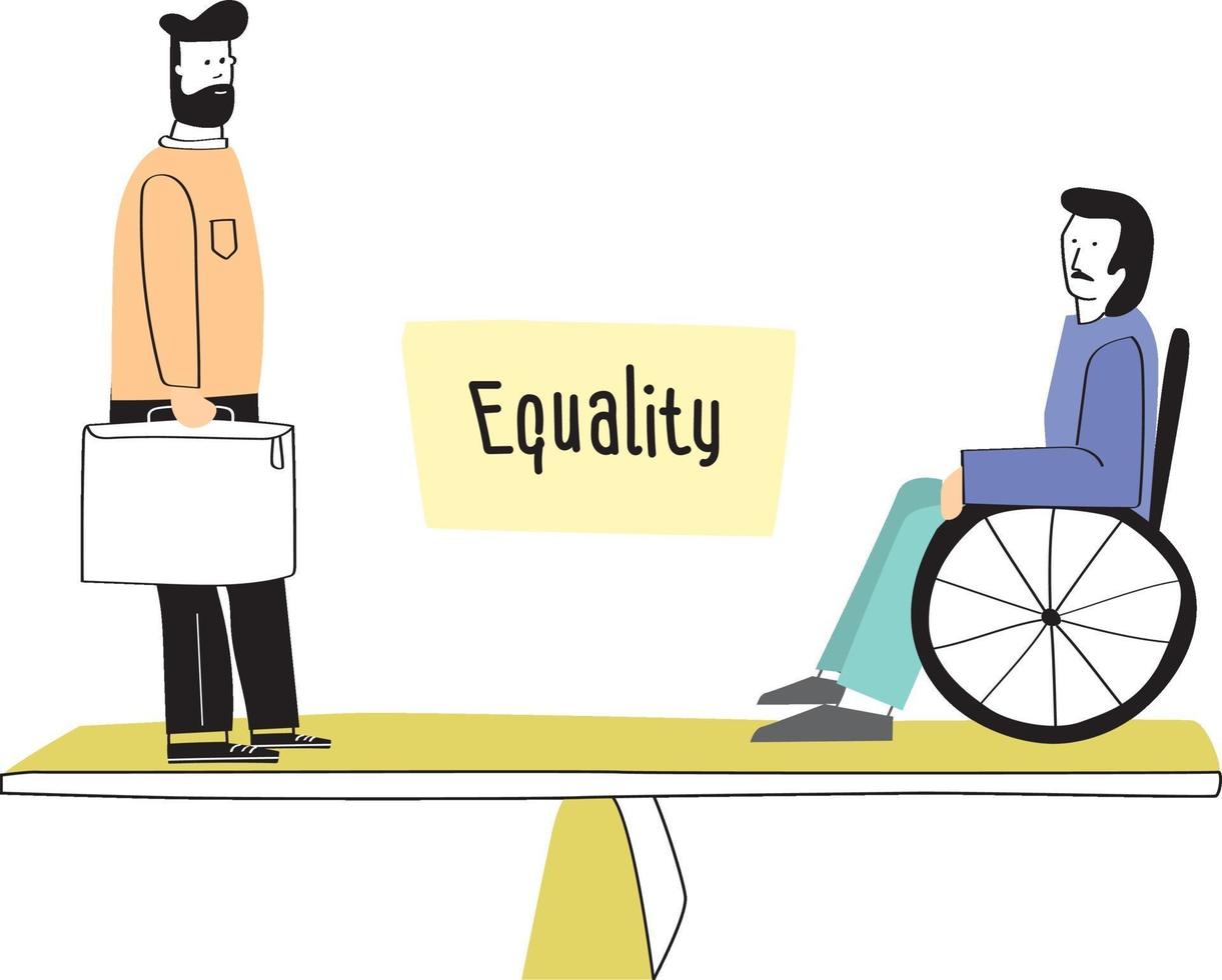 homem e homem com deficiência em pé na escala de equilíbrio. conceito de igualdade de gênero no trabalho ou nos negócios, igualdade de direitos para ambos os sexos. vetor