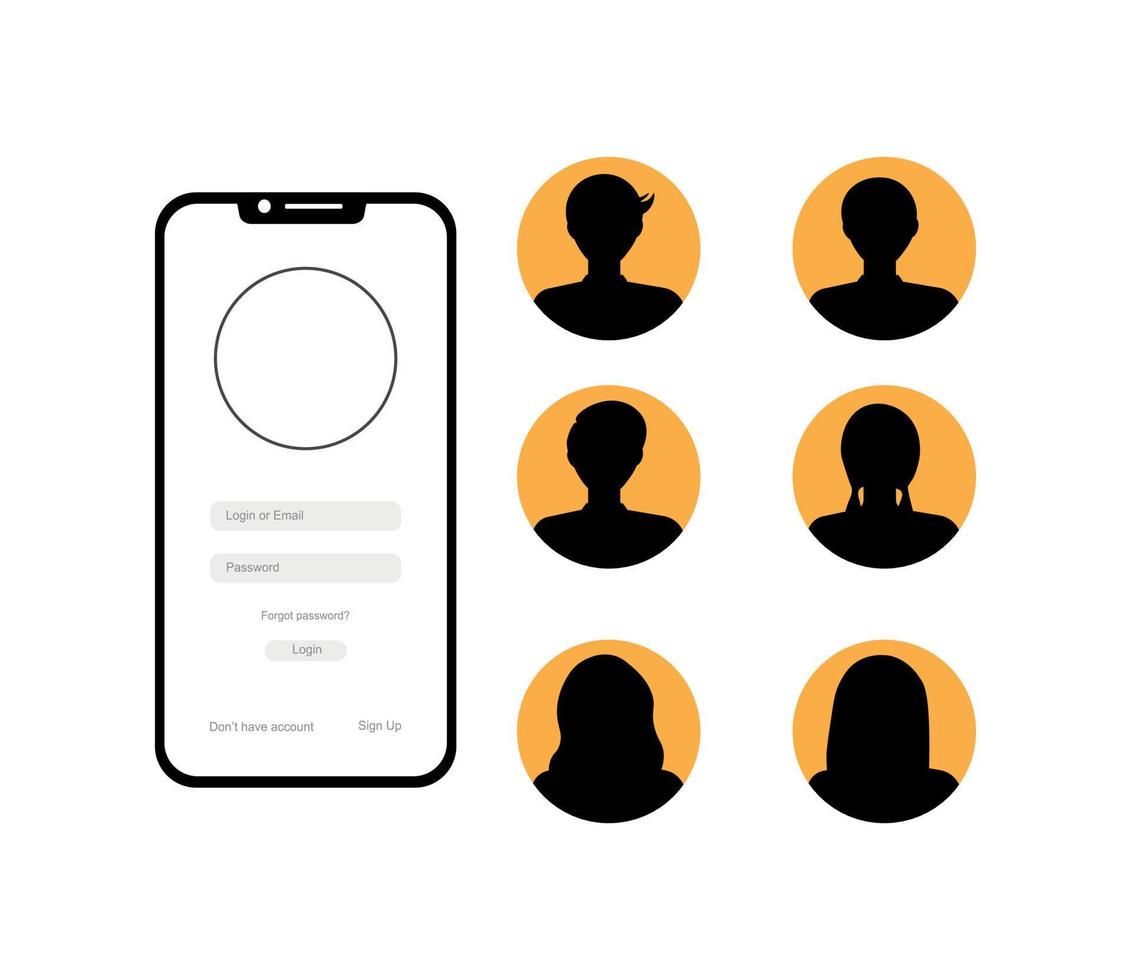 conjunto do avatares do homens e mulheres para perfil. Smartphone tela Conecte-se autenticação conceito vetor
