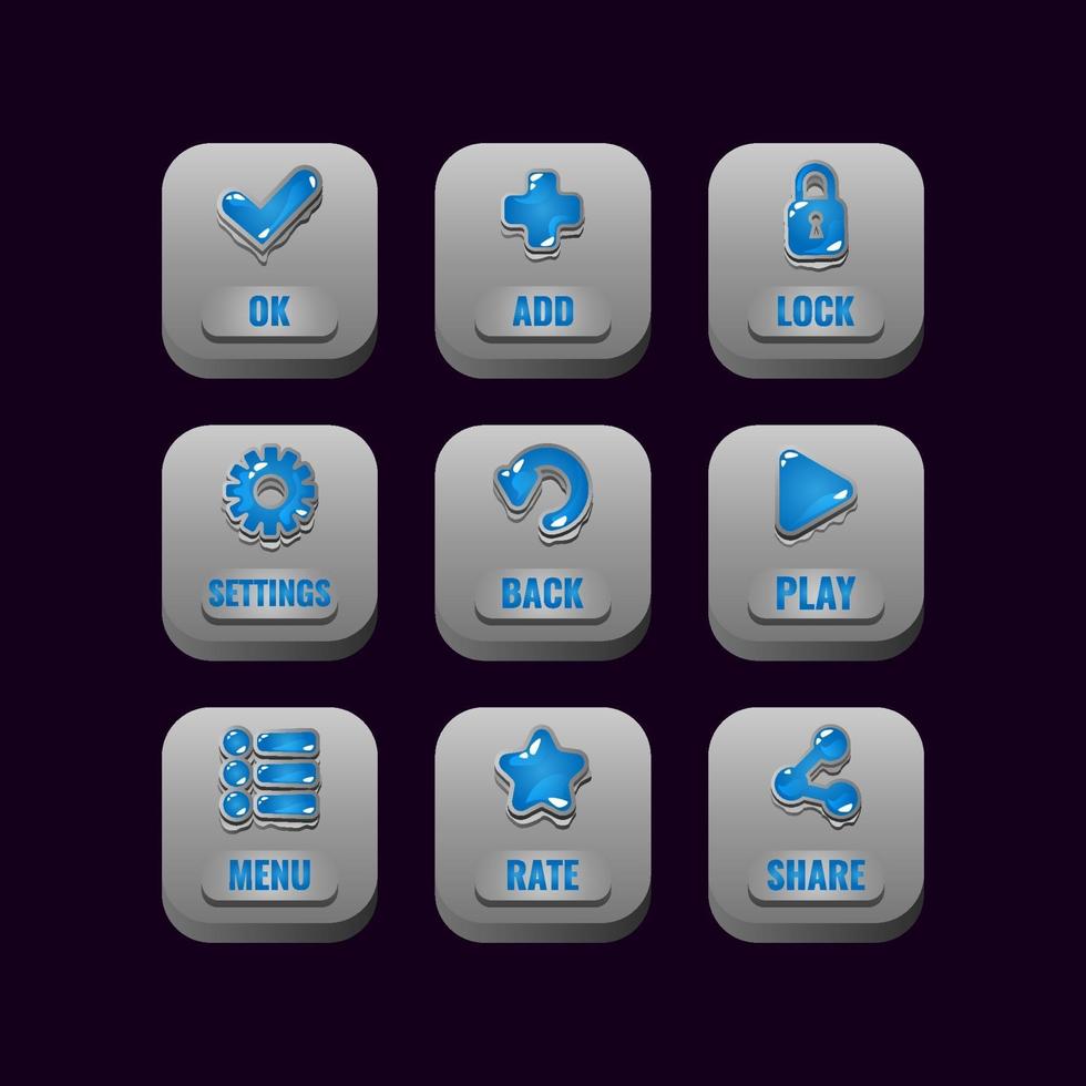 conjunto de coleta de botões quadrados de pedra com ícones de geléia para ilustração vetorial de elementos de ativos de interface do usuário do jogo vetor