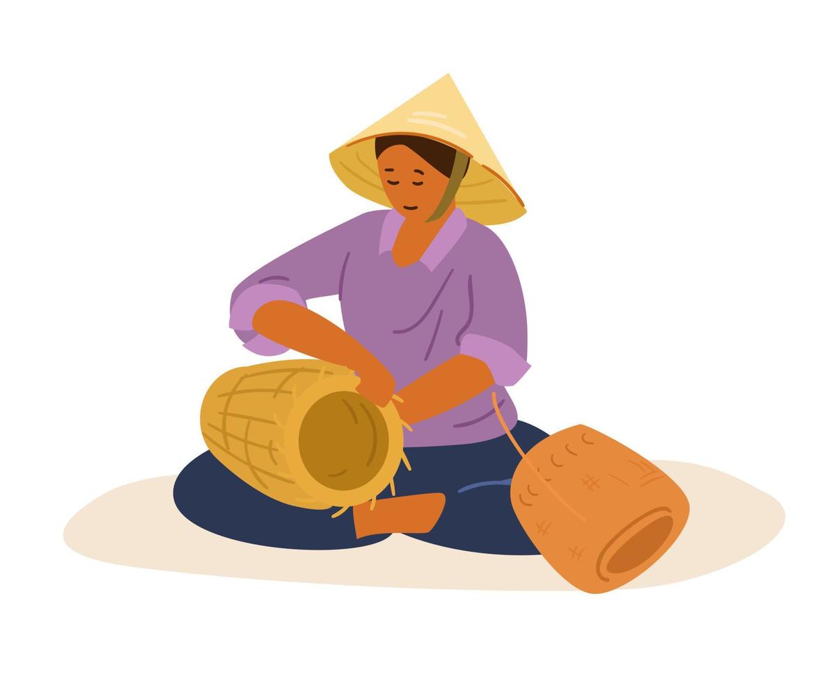 ásia mulher dentro tradicional vietnamita cônico Palha chapéu tecelagem som do vento cesta. plano vetor ilustração.