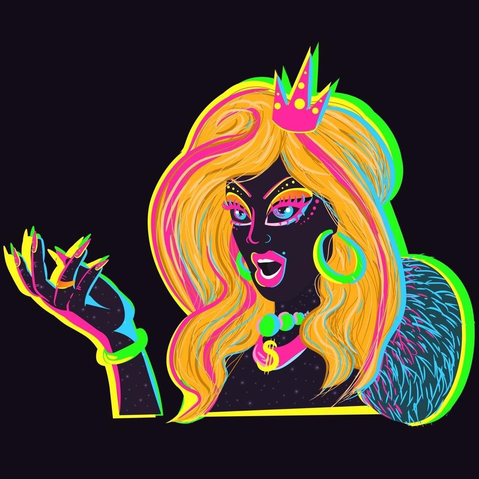 fabulosa drag queen com tinta UV por todo o corpo. senhora andrógina com as cores do festival de néon, usando uma coroa e acessórios. arte conceitual sobre orgulho e tolerância para a comunidade LGBT. vetor