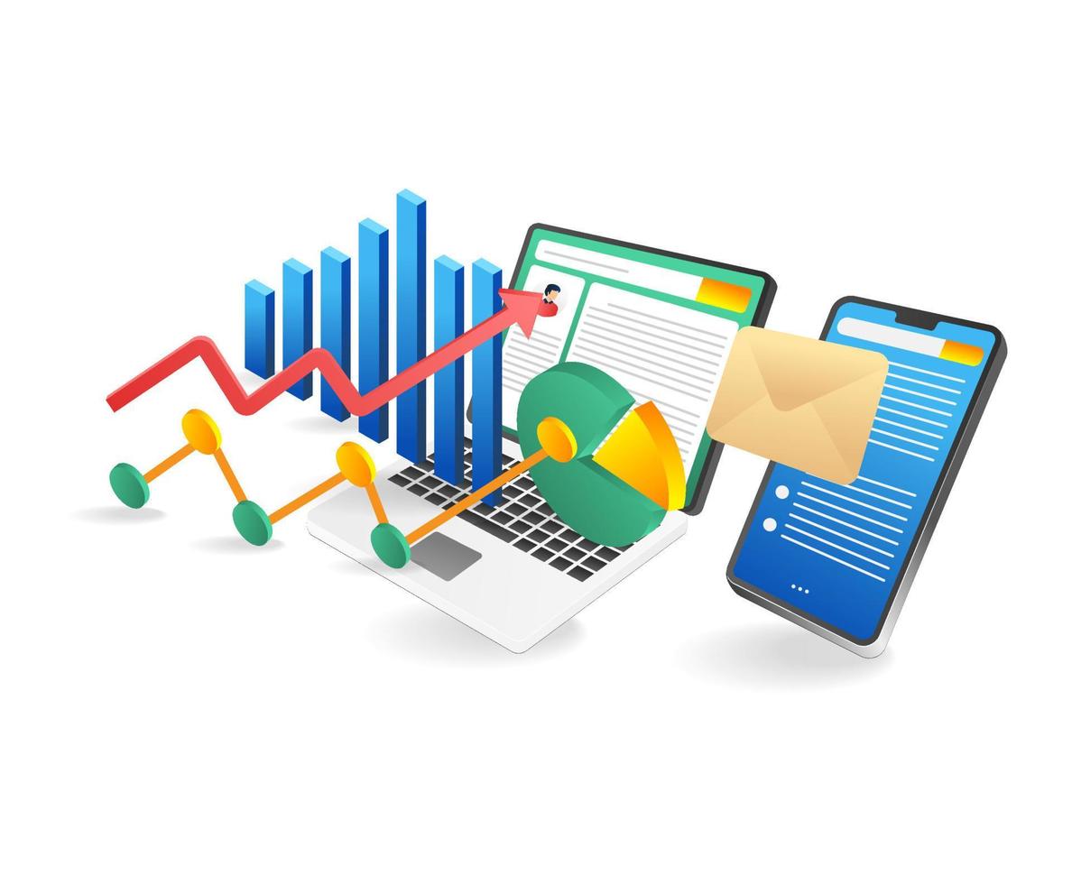 computador portátil Móvel telefone e o negócio gráfico. isométrico vetor ilustração.