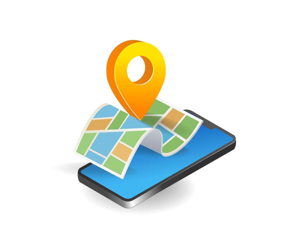 Smartphone com localização PIN em a mapa. isométrico vetor ilustração.