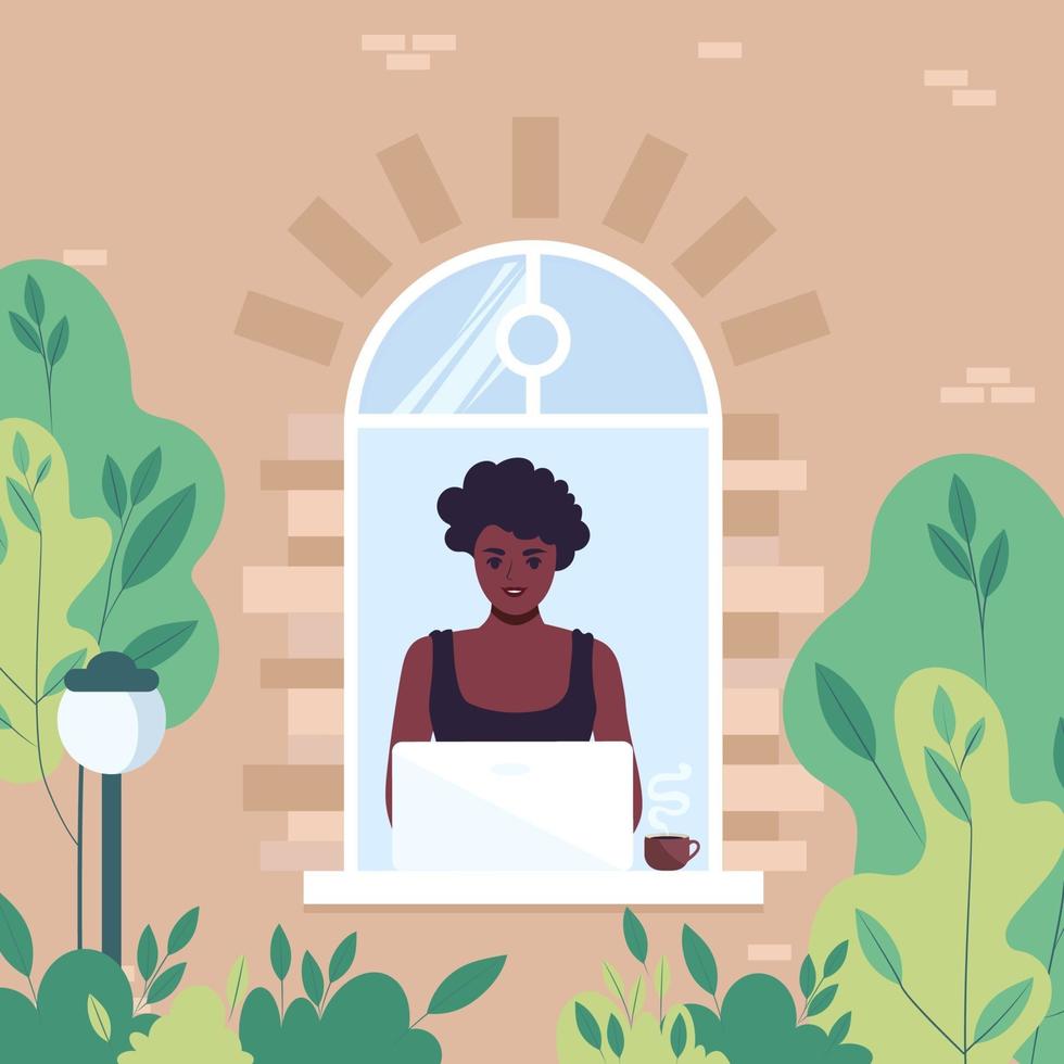 uma garota afro-americana trabalha perto da janela atrás de um laptop. ilustração em vetor plana de mulher freelancer ou estudante