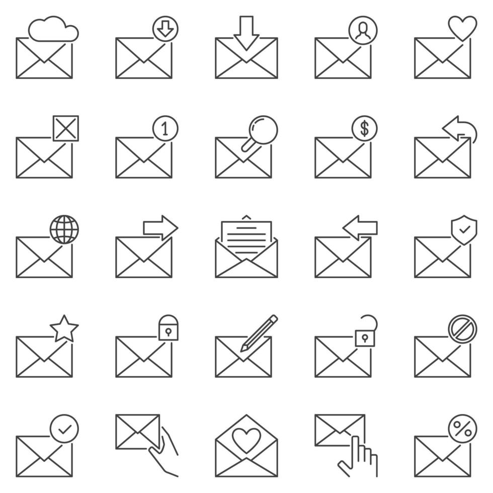 envelope e o email esboço ícones conjunto - enviar mensagem vetor linha símbolos