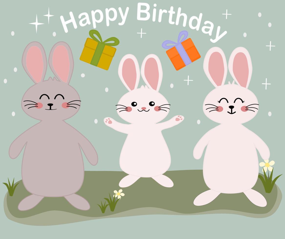 feliz aniversário vetor ilustração. fofa kawaii coelhos família feliz risonho face.