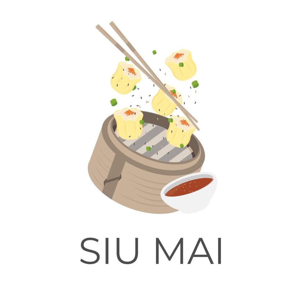 logotipo ilustração do shumai siu mai siomai dumplings dentro uma bambu vaporizador com molho vetor