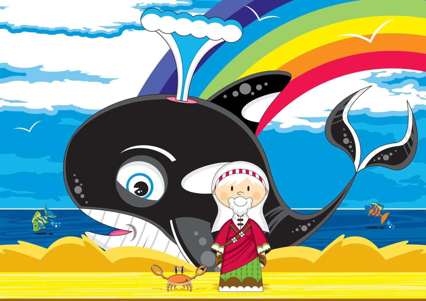 Joná e a baleia com fofa caranguejo - bíblico ilustração vetor