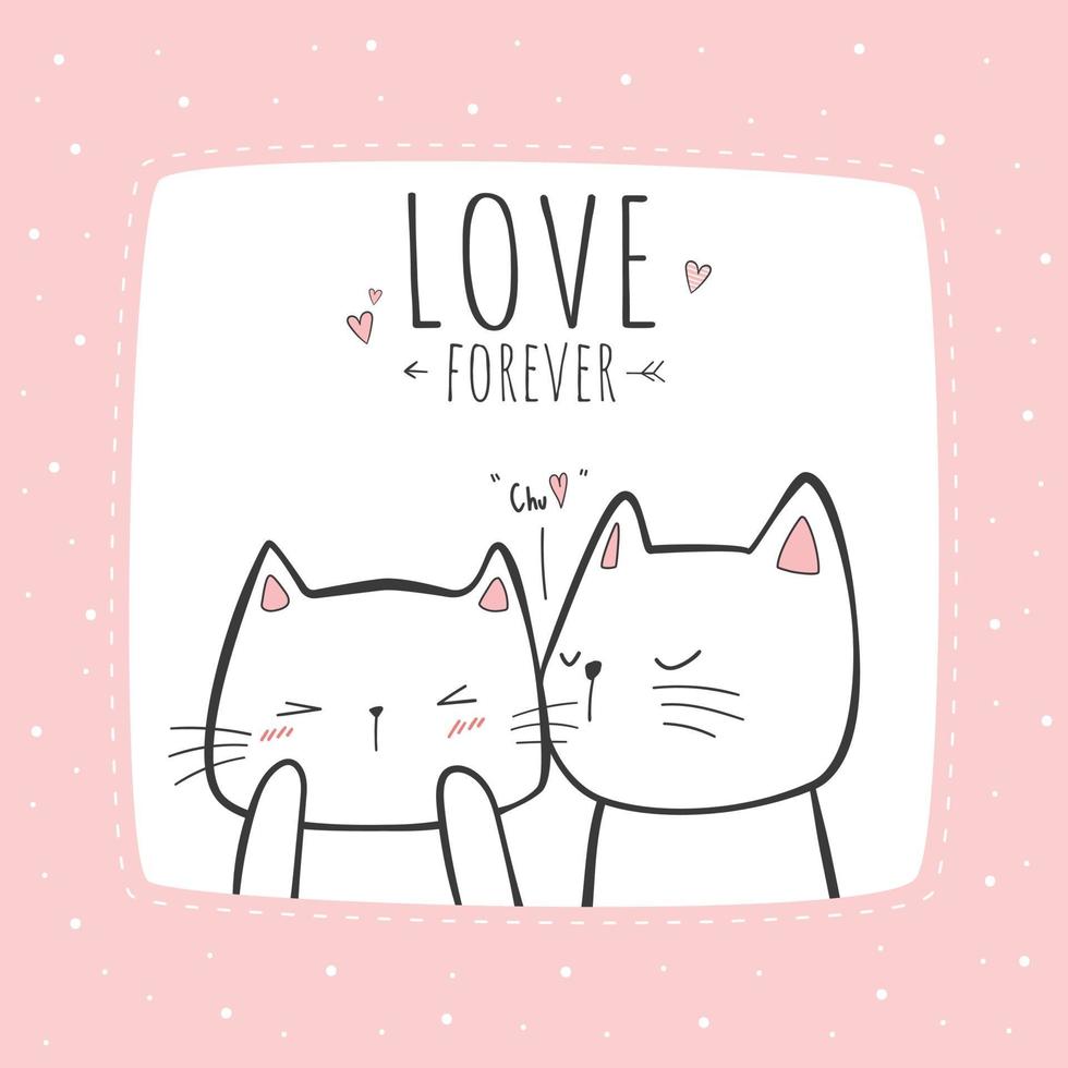 gato fofo gatinho amor casal beijando desenho animado cartão rosa pastel vetor