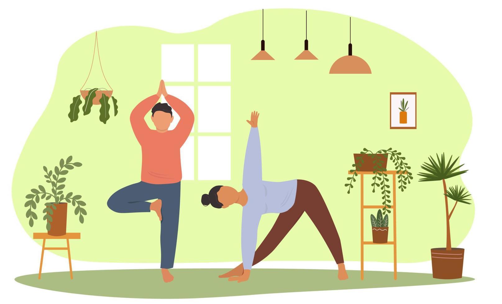 ioga poses. uma mulher e uma homem estão acionado dentro asanas, ginástica. vigoroso atividade para saúde, flexibilidade, Saldo dentro a família. vetor gráficos.