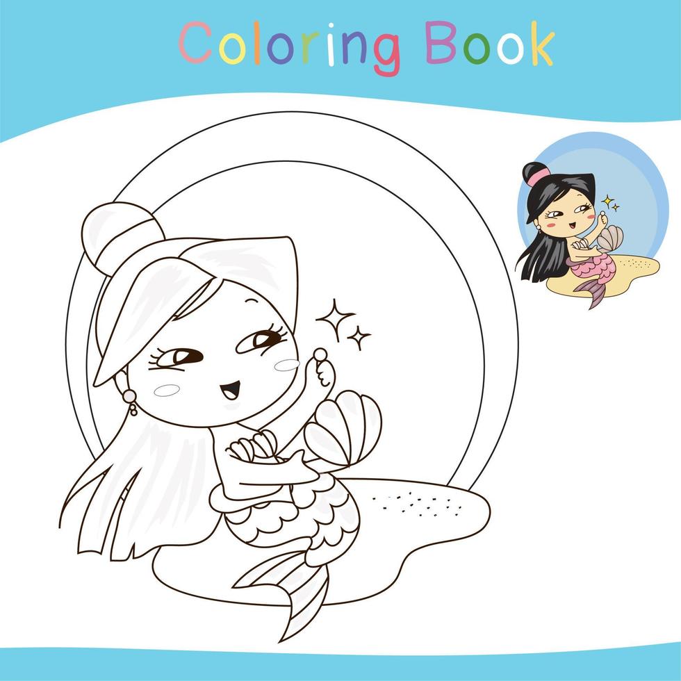 fofa sereia princesa. coloração atividade planilha. a pequeno sereia. uma mágico criatura. vetor esboço para coloração página.