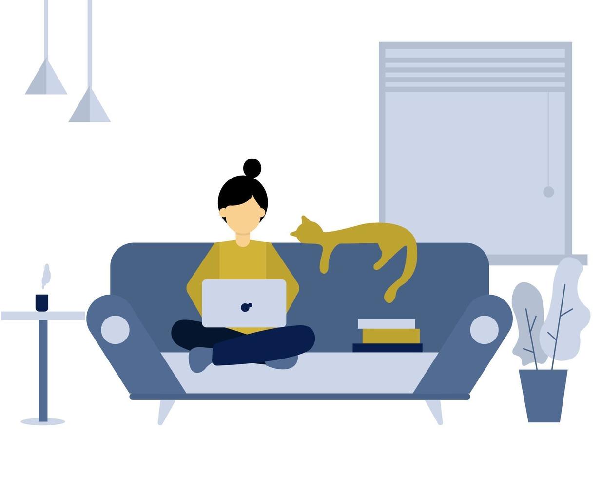 projeto de ilustração plana de uma mulher que trabalha em casa, sentada em um sofá e fazendo trabalho remoto com seu laptop. freelance, trabalho de casa e ilustração do conceito de estudo online. vetor