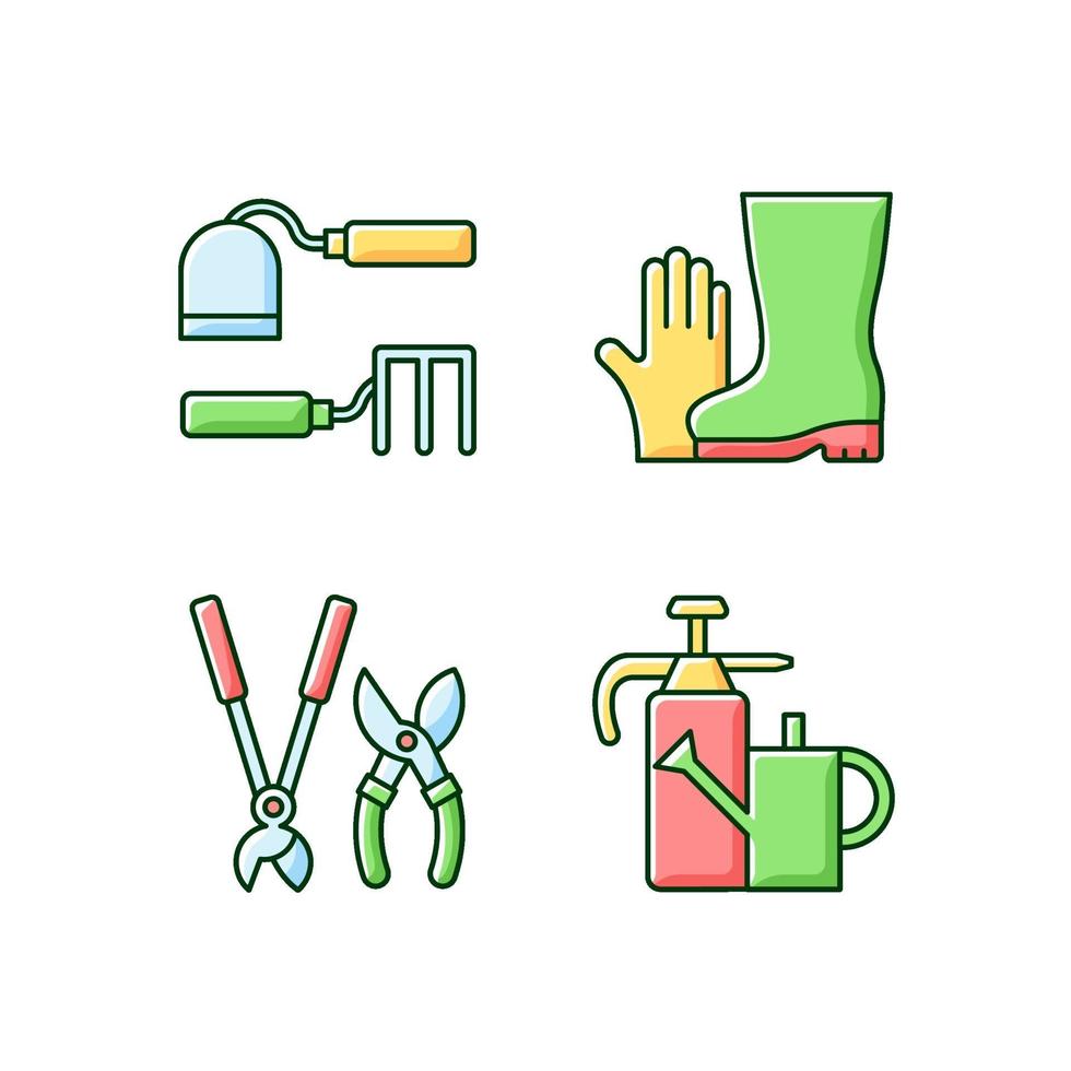 conjunto de ícones de cores rgb de suprimentos de jardinagem vetor