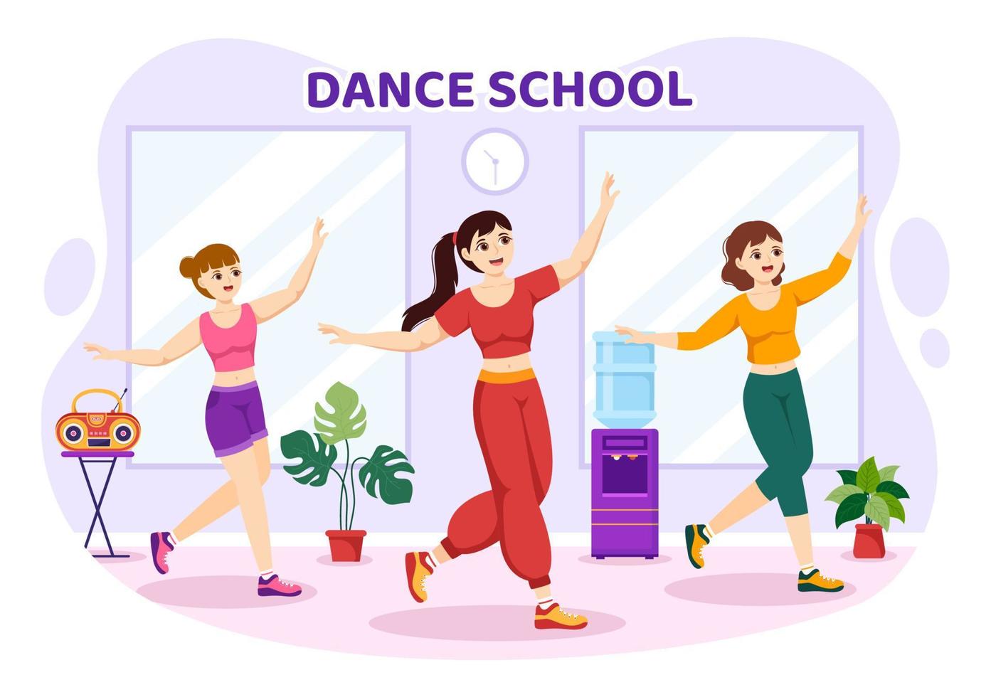 dança escola ilustração do pessoas dançando ou coreografia com música equipamento dentro estúdio dentro plano desenho animado mão desenhado aterrissagem página modelos vetor