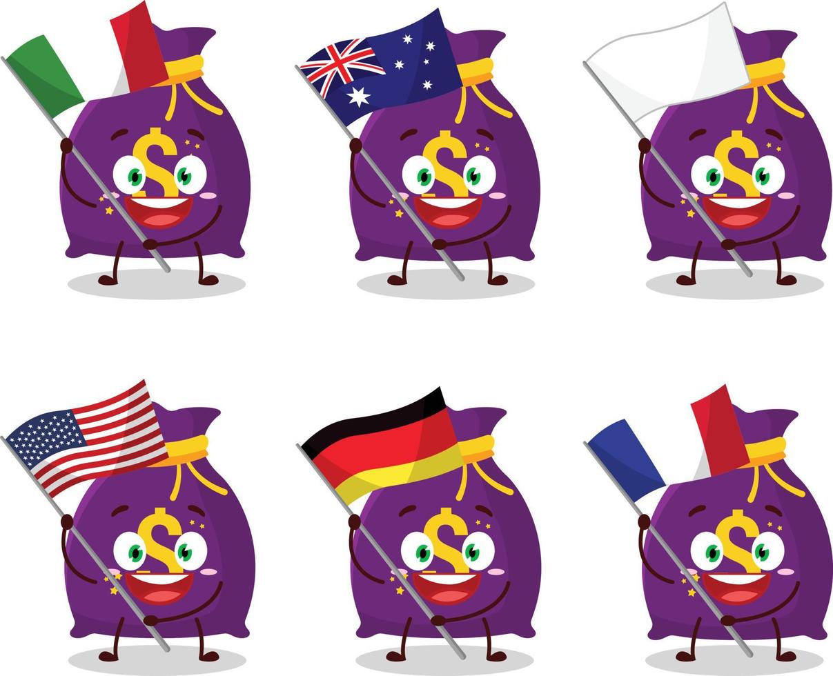 Magia dinheiro saco desenho animado personagem trazer a bandeiras do vários países vetor