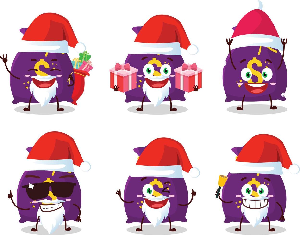 santa claus emoticons com Magia dinheiro saco desenho animado personagem vetor