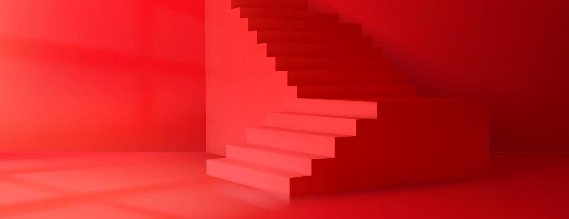 3d vetor quarto com escadaria, vermelho parede fundo