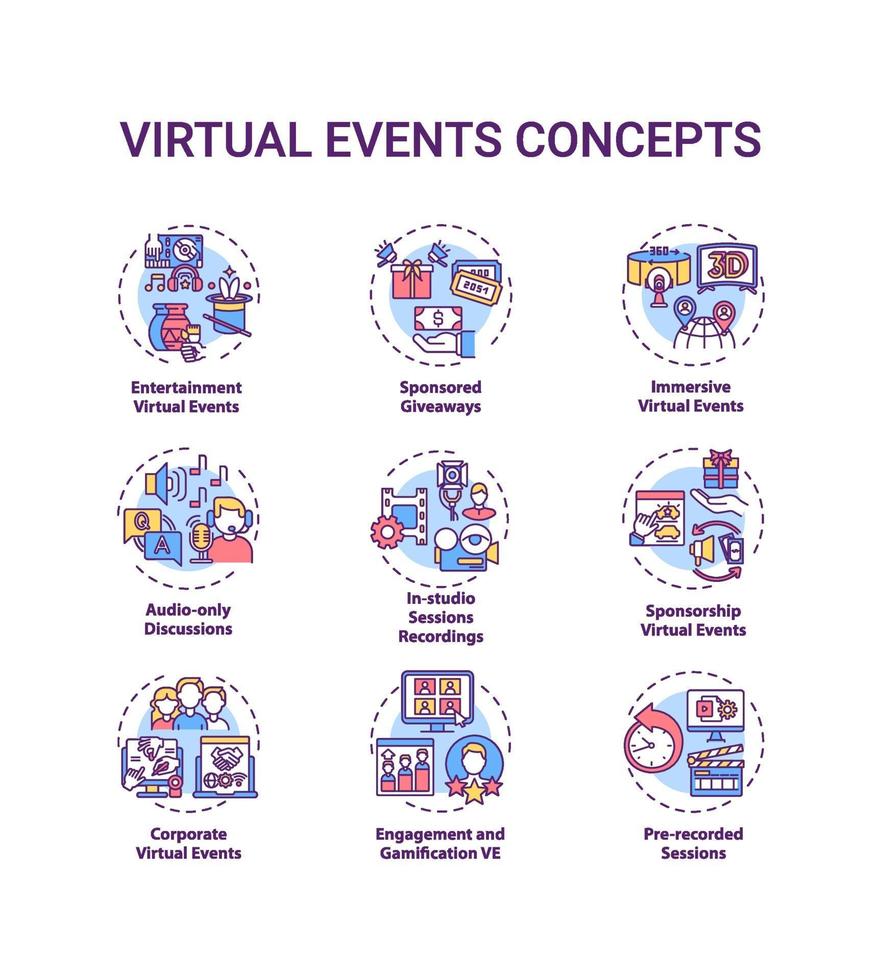 Conjunto de ícones de conceito de eventos virtuais vetor