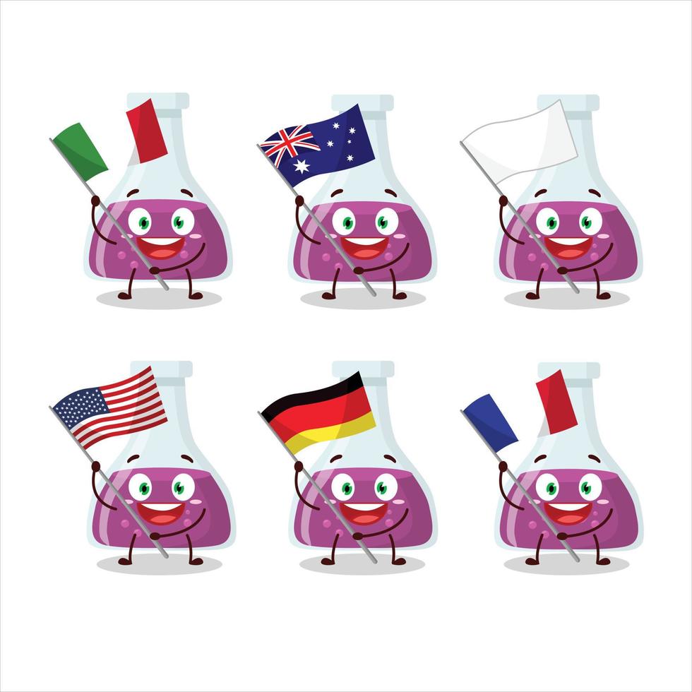 roxa poção desenho animado personagem trazer a bandeiras do vários países vetor