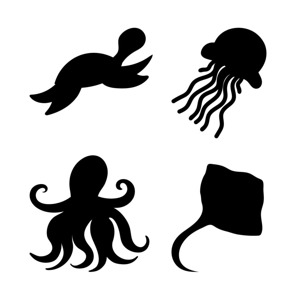 polvo, medusa, arraia, mar tartaruga silhueta. vetor ilustração mundo dia oceano, mar animal