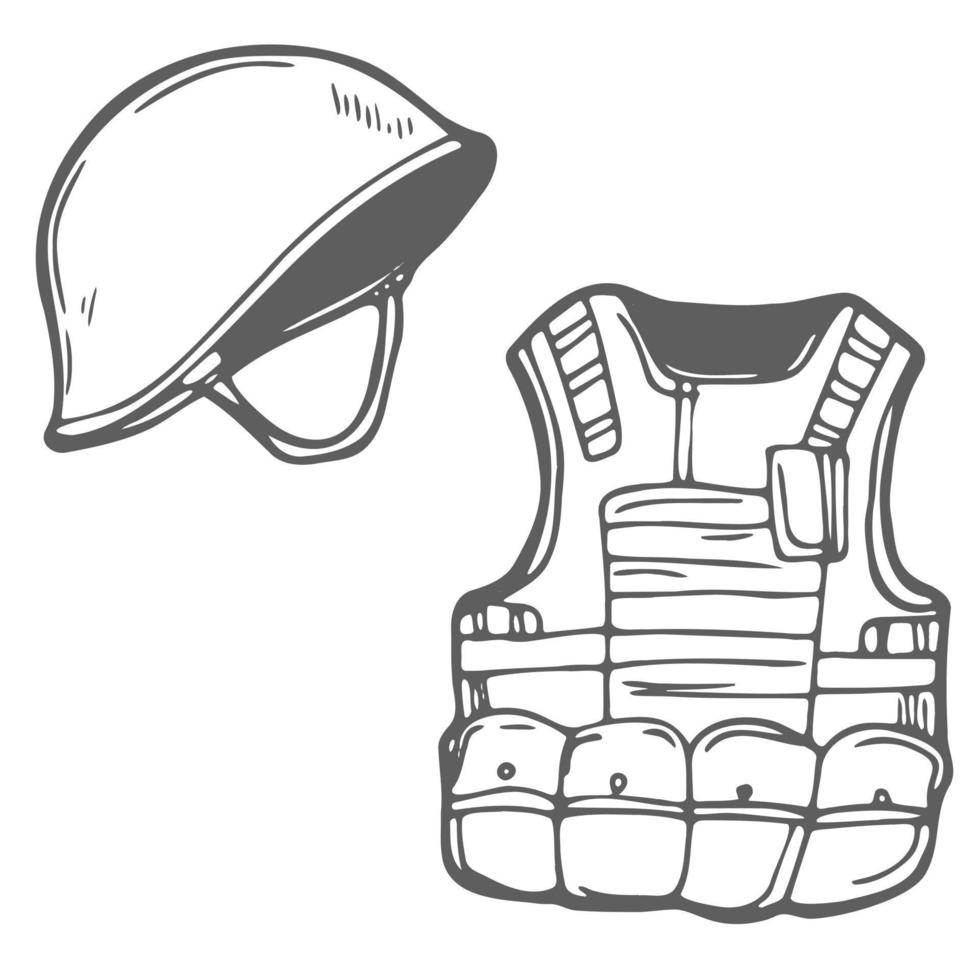 rabisco corpo armaduras e exército capacete ícone esboço dentro vetor isolado em branco. militares elementos e equipamento