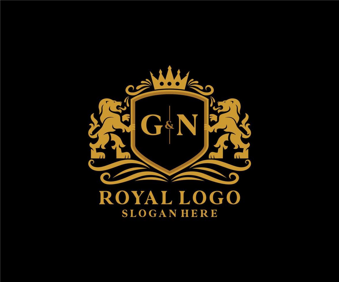 modelo de logotipo de luxo real de leão de carta inicial gn em arte vetorial para restaurante, realeza, boutique, café, hotel, heráldica, joias, moda e outras ilustrações vetoriais. vetor