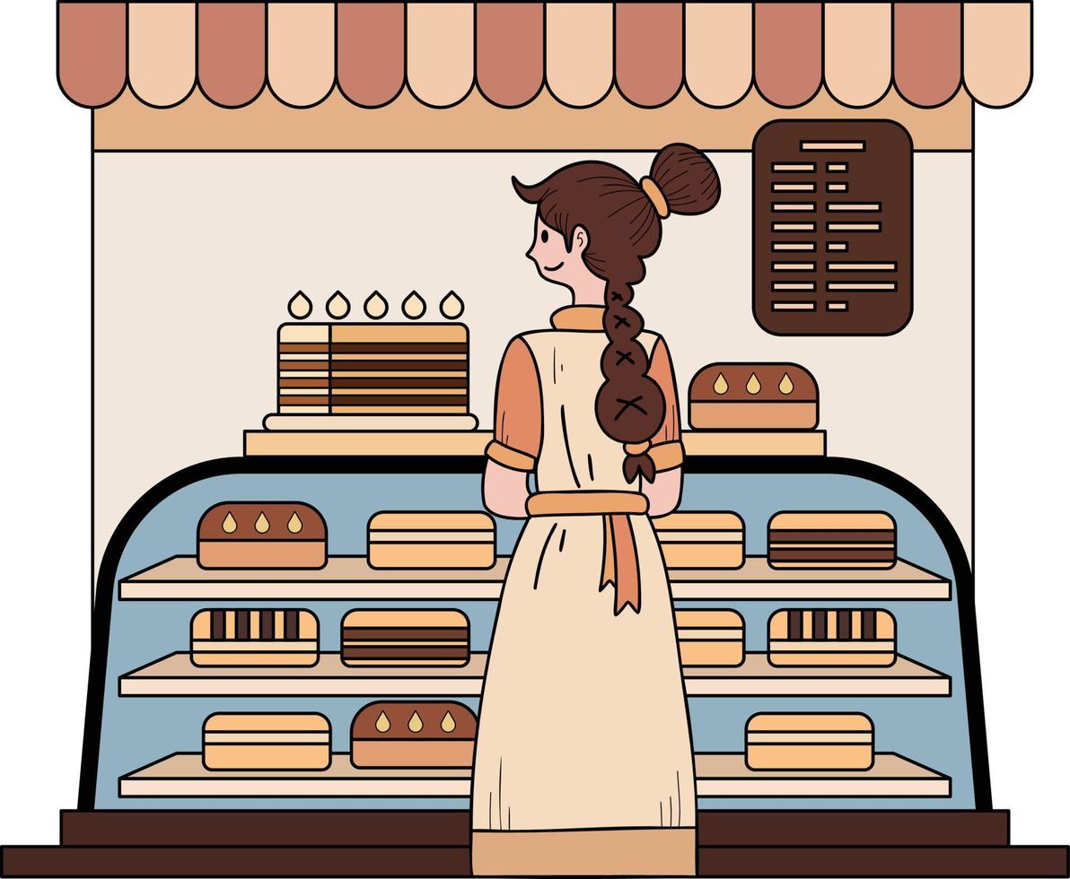fêmea empreendedor com padaria fazer compras ilustração dentro rabisco estilo vetor