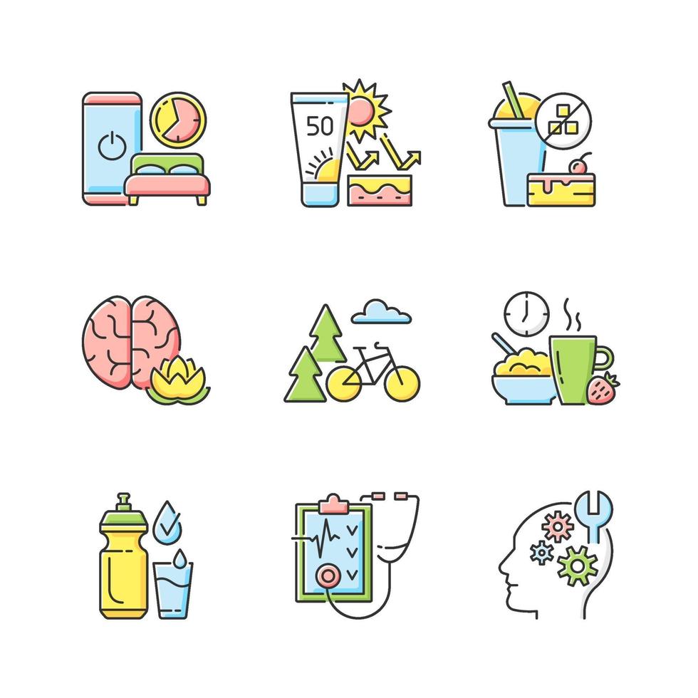conjunto de ícones de cores rgb desenvolvimento de hábitos saudáveis vetor