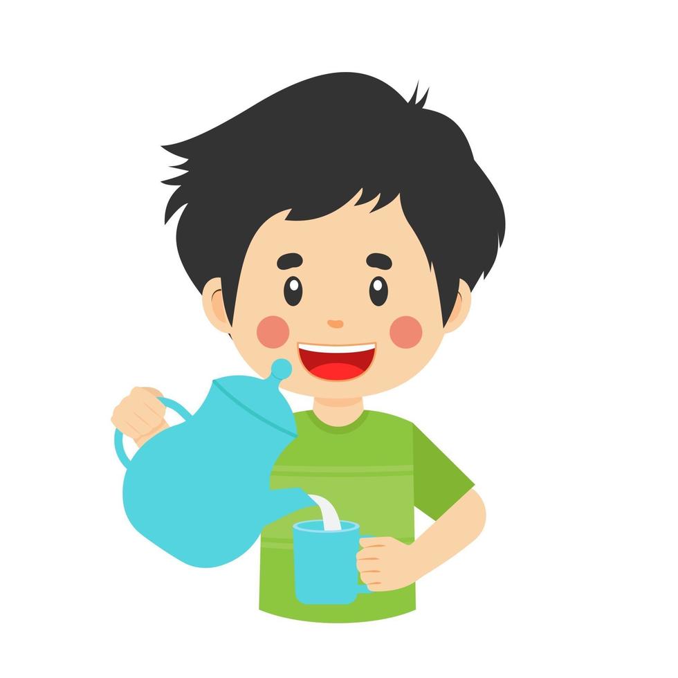 menino bonito feliz despeje um copo de água vetor