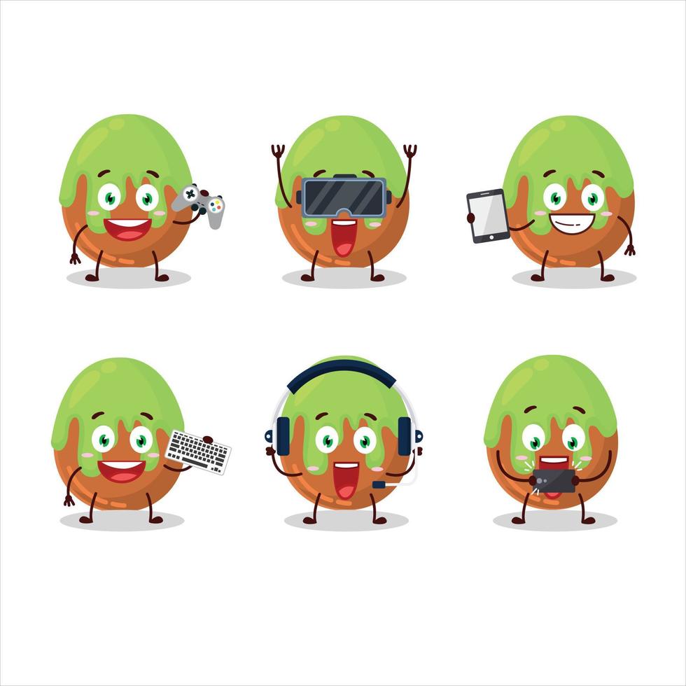 Chocolate verde doce desenho animado personagem estão jogando jogos com vários fofa emoticons vetor