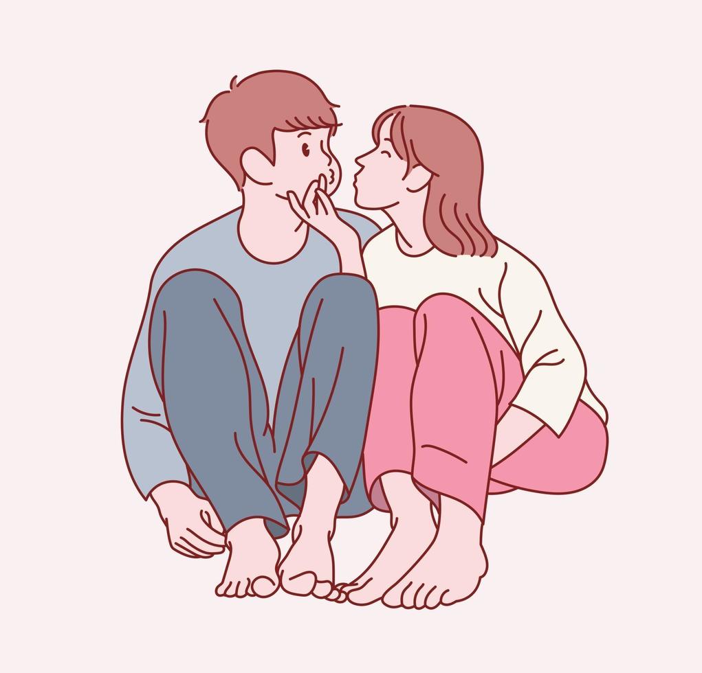 um lindo casal está sentado em uma pose amigável. mão desenhada estilo ilustrações vetoriais. vetor