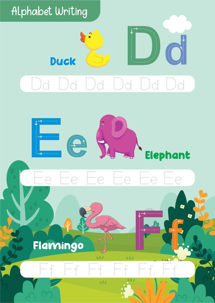 Aprendendo e rastreamento alfabetos com fofa animais gostar maçã, avião, abelha, bola, gato, vaca, pato, boneca, elefante, ovo vetor