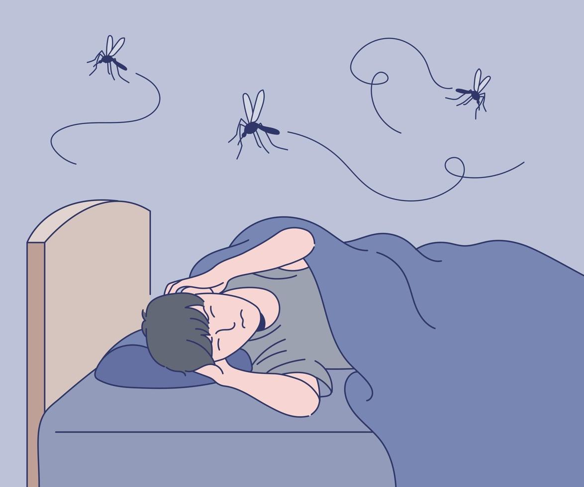 um homem não consegue dormir ao som dos mosquitos. mão desenhada estilo ilustrações vetoriais. vetor