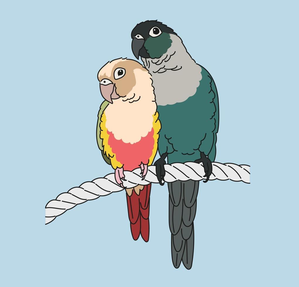 dois papagaios estão sentados afetuosamente. mão desenhada estilo ilustrações vetoriais. vetor