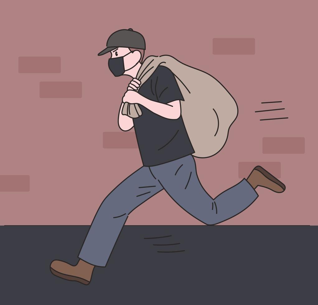 um ladrão está fugindo roubando algo em um saco. mão desenhada estilo ilustrações vetoriais. vetor