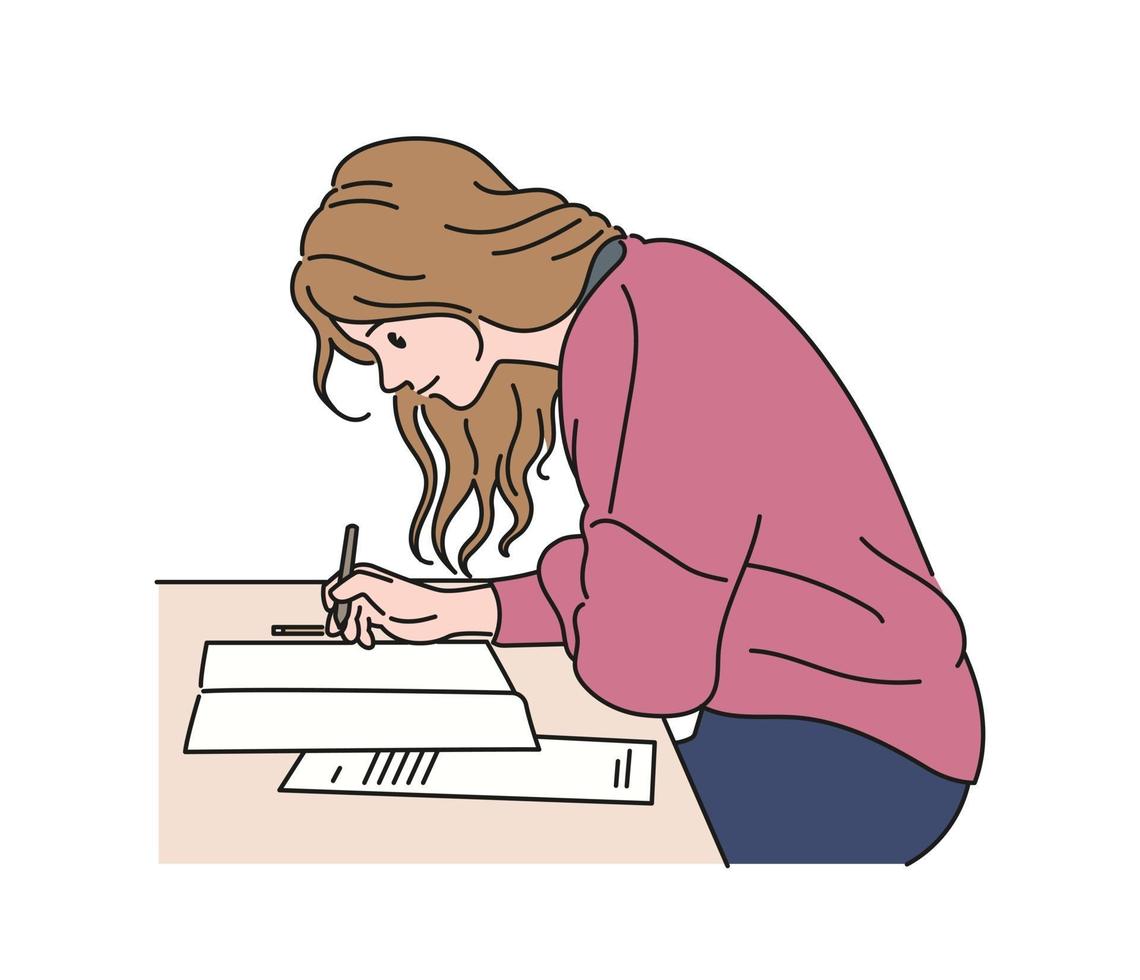 uma garota está escrevendo algo. mão desenhada estilo ilustrações vetoriais. vetor