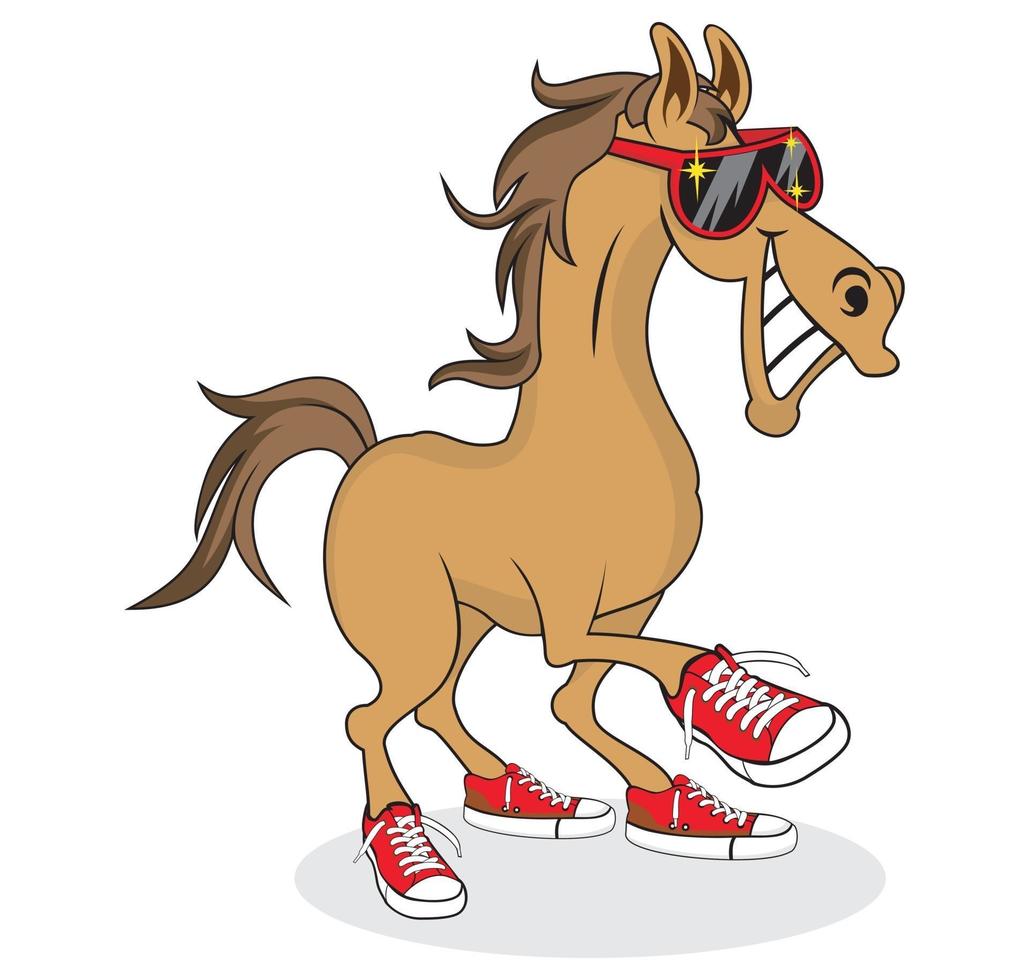 desenho de cavalo sorrindo usando óculos de sol e sapatos ilustração de personagem vetor