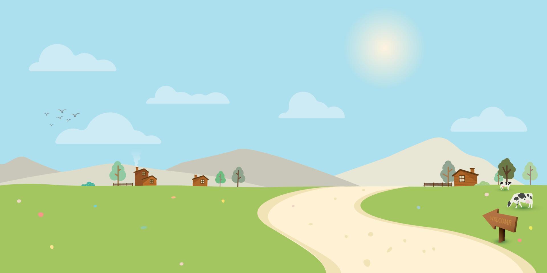 local estrada através a Vila para colinas às campo panorama dentro ensolarado dia vetor ilustração. gado Fazenda e casa em Colina com Claro céu dentro verão temporada.
