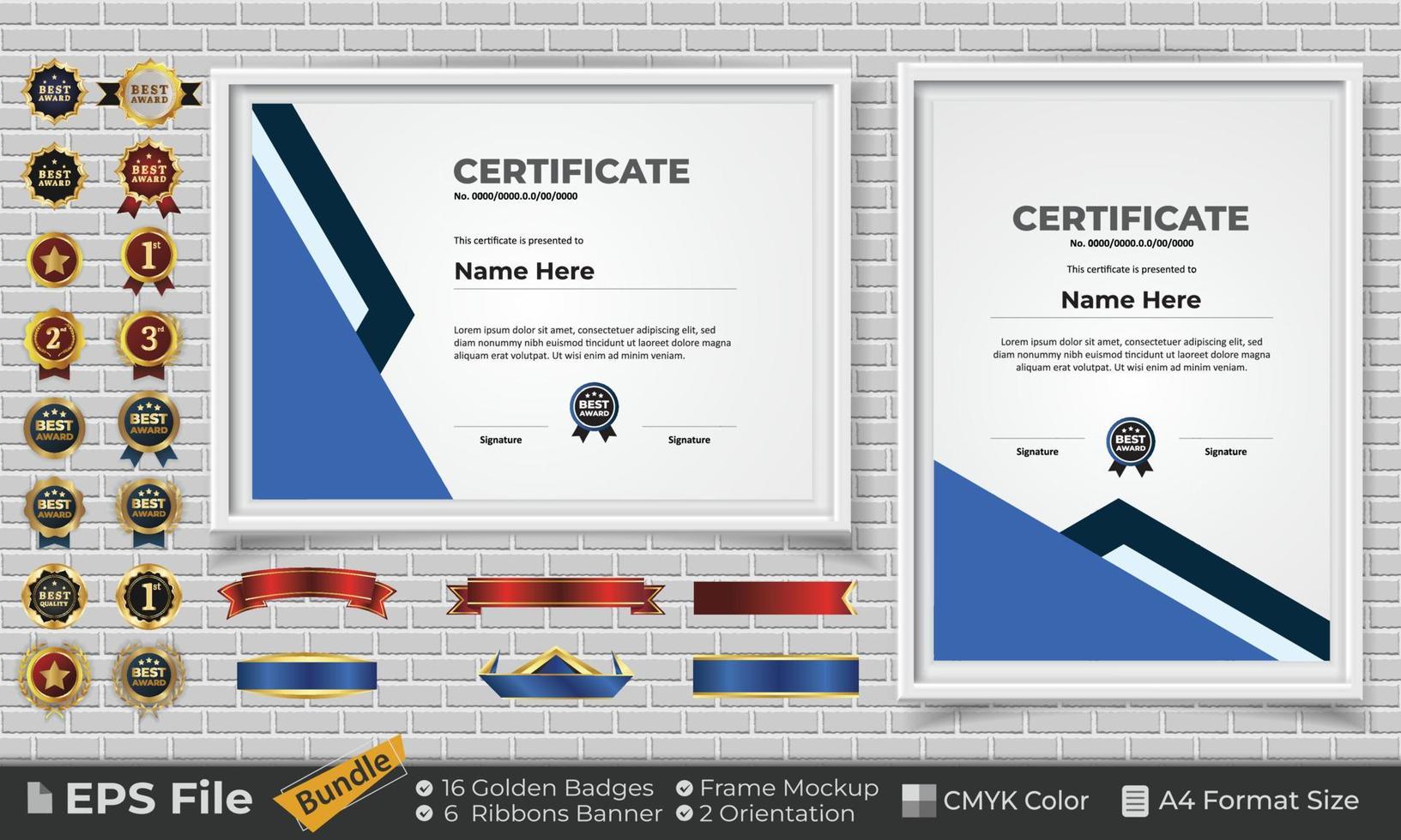 modelo certificado Projeto agrupar com fitas, dourado Distintivos, e quadro, Armação maquetes para apreciação, prêmio, conclusão, diploma. cmyk cor a4 formato vetor