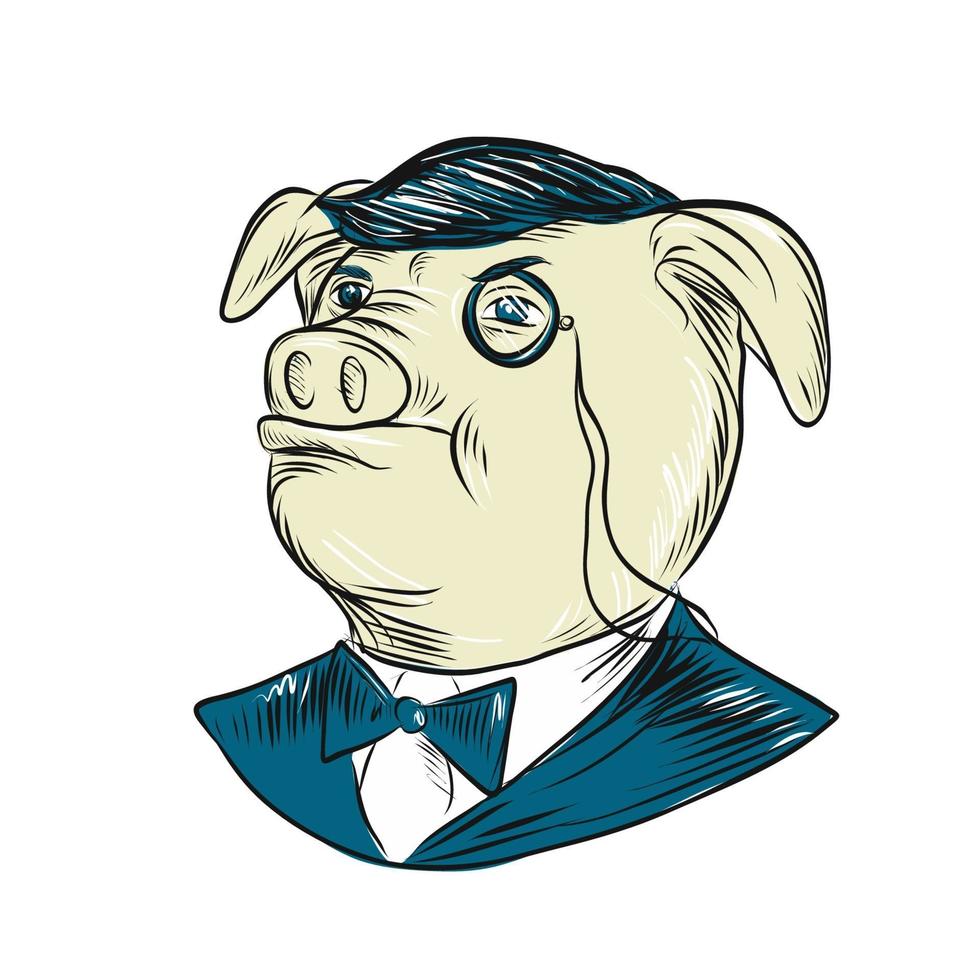 desenho desenho estilo ilustração do senhor porco usando um monóculo e uma gravata borboleta de smoking vetor