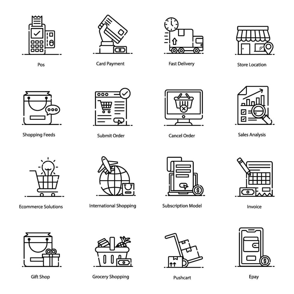 compras de varejo e conjunto de ícones de comércio eletrônico vetor