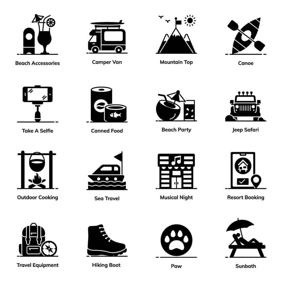 conjunto de ícones de elementos de aventura e caminhada vetor